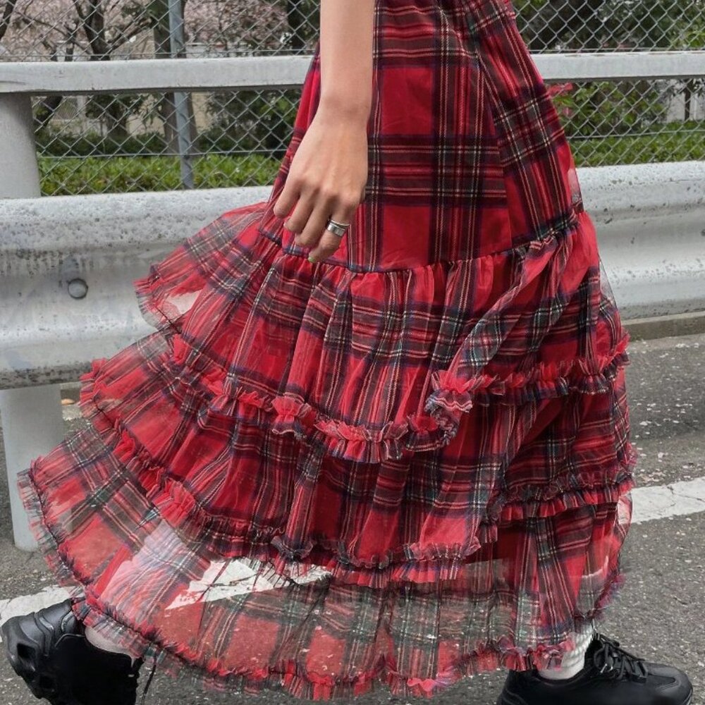 Red Casual Women's Christmas Plaid Ruffle Mesh High Waist Skirt - Picture 4 of 6